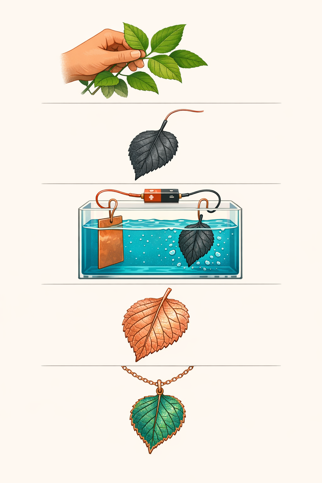 Electroforming process: from a fresh leaf to copper jewelry